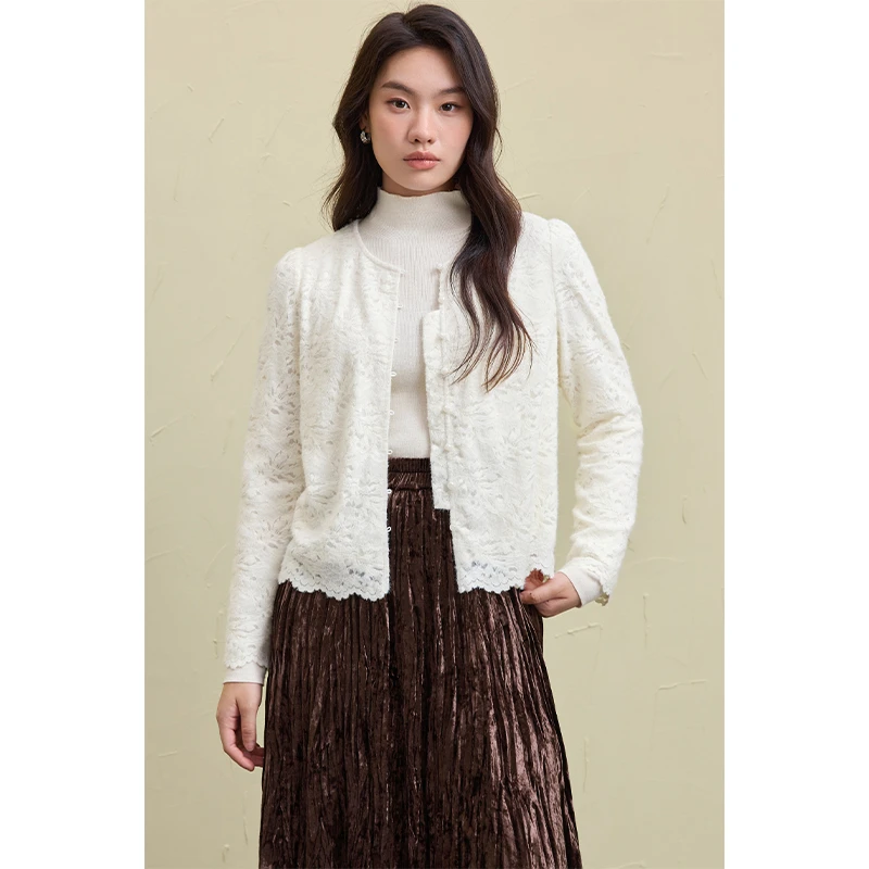 独束大码女装浪漫温柔圆领蕾丝小衫冬季新品胖气质开衫24DS84651