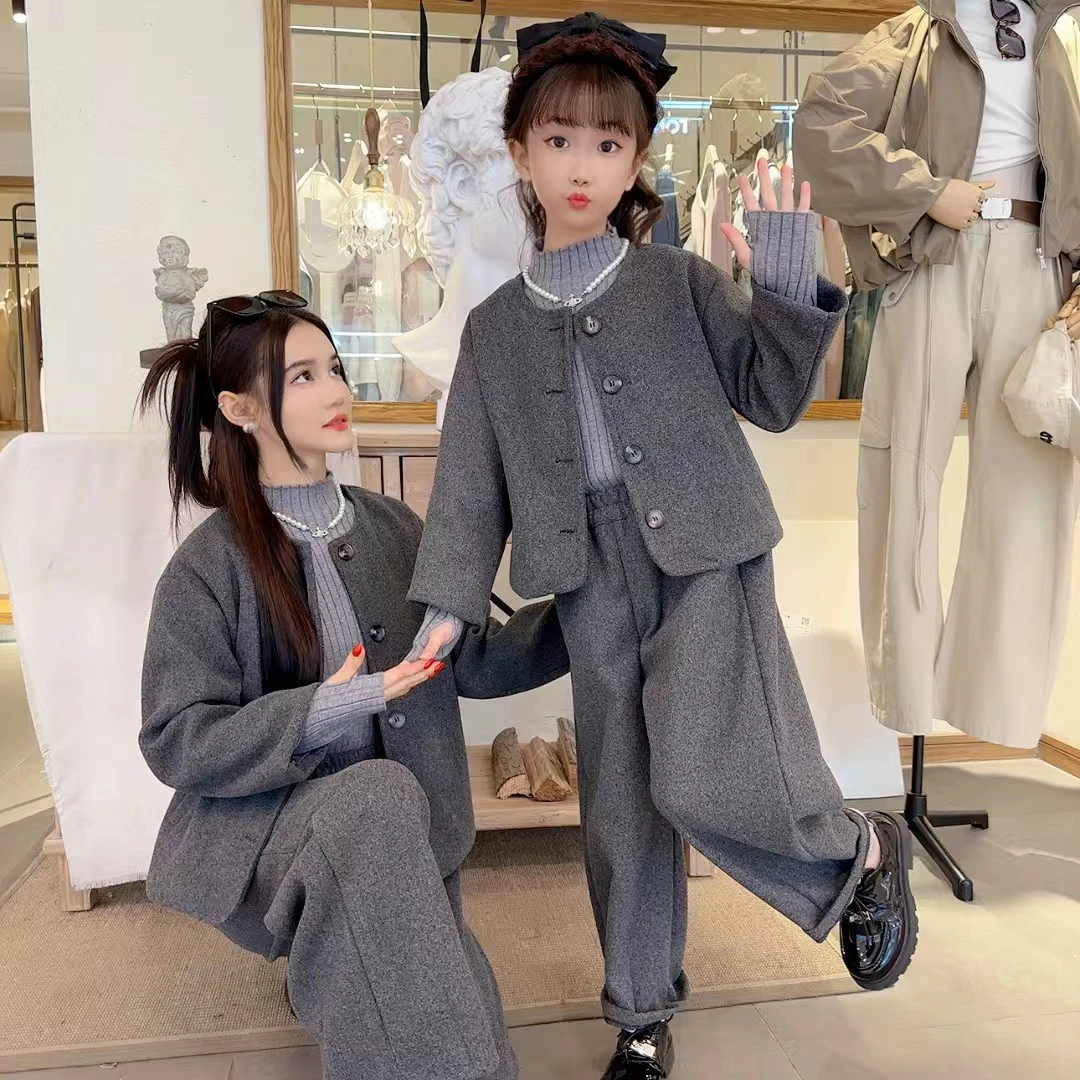 2024秋款女童韩版毛呢2件套时尚加厚洋气休闲中大童亲子