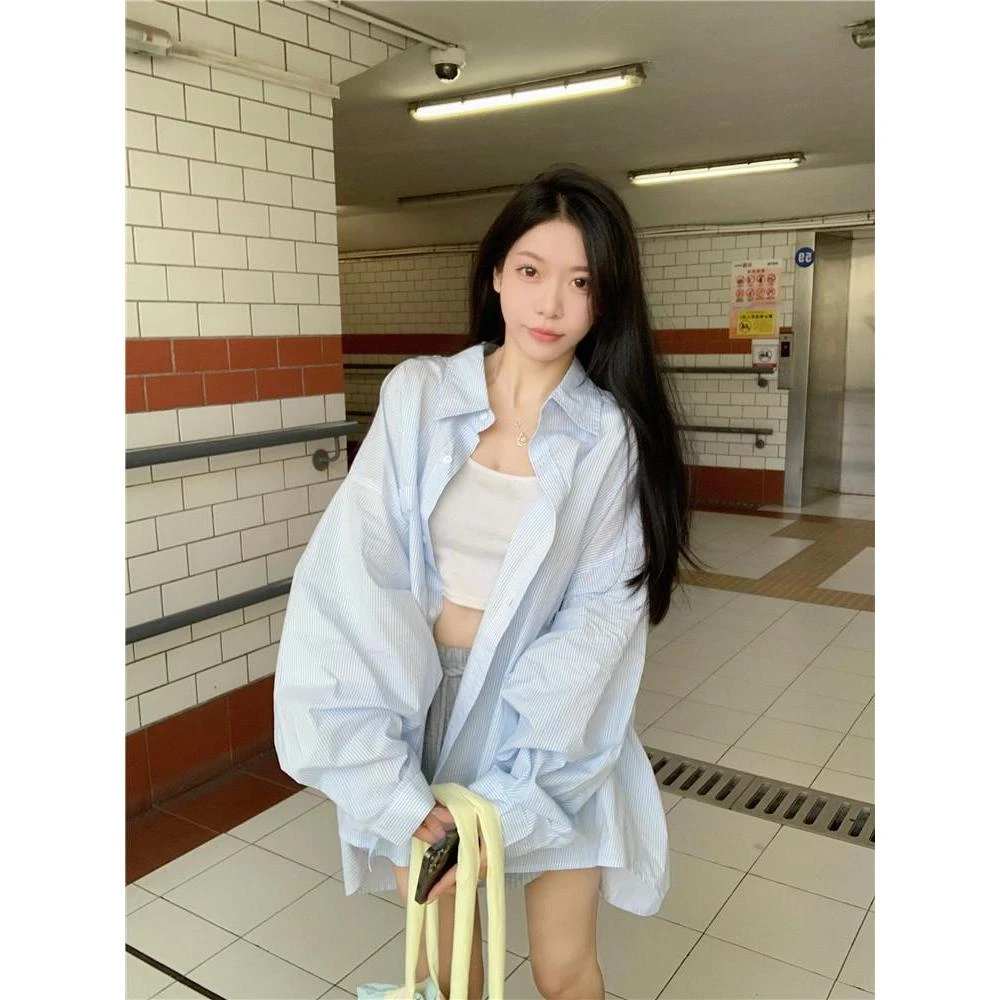 设计感休闲polo领衬衫女春装宽松中长款防晒衬衣外套条纹开衫上衣
