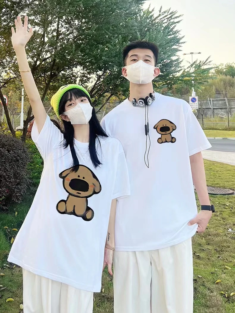 呆萌奶狗美式夏季纯棉重磅情侣T恤装印花国潮情侣装