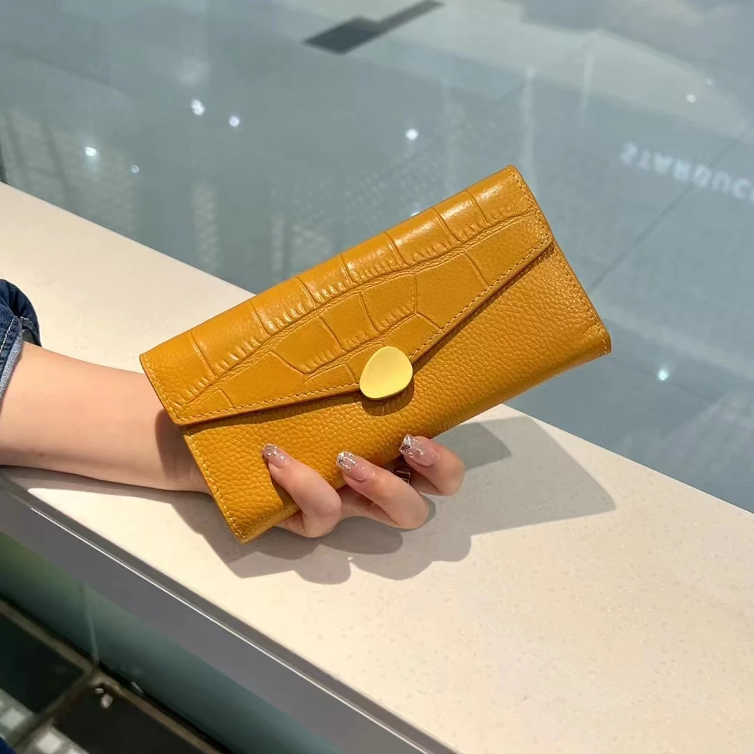 真皮钱包女黄色招财大容量2024新款软牛皮鳄鱼纹手拿钱夹放手机包