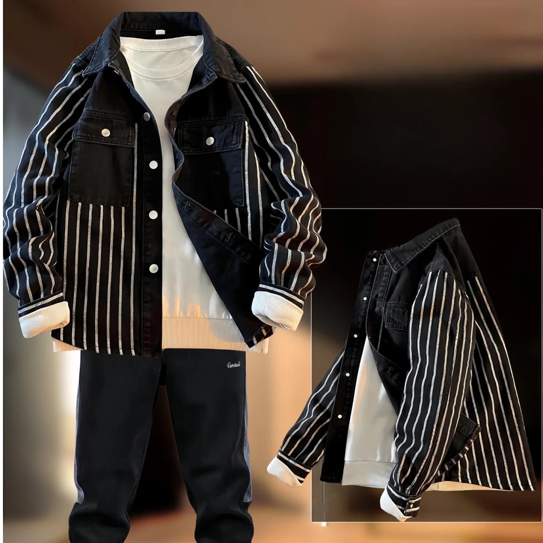 2024爆款潮牌高级感痞帅宽松潮流条纹夹克外衣牛仔外套男