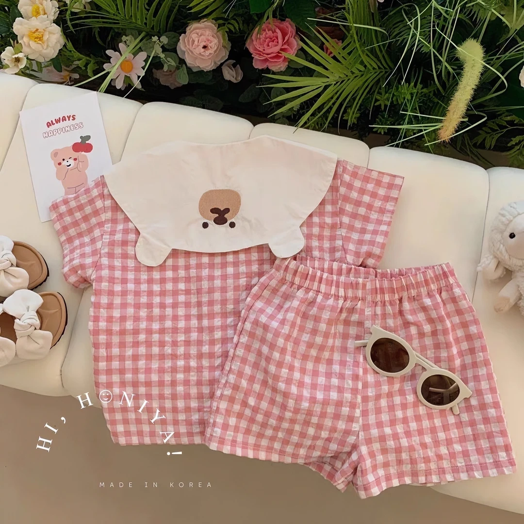 女童夏季套装2025新款小童女宝格子洋气时尚夏装女孩娃娃领两件套