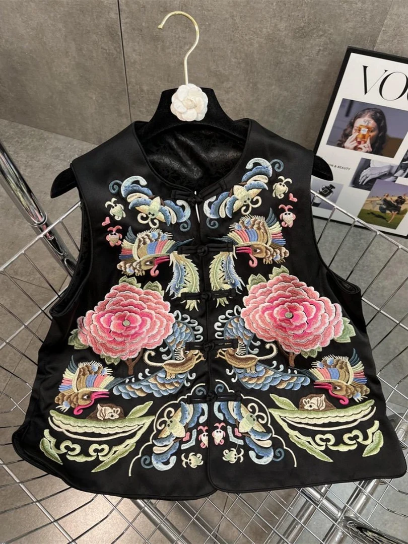 复古中国风盘扣圆领马夹上衣国潮醋酸缎面花开富贵重工刺绣马甲女