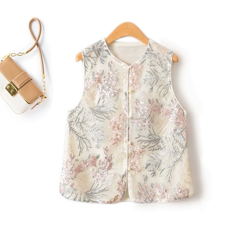 春秋薄款复古无袖气质马夹背心轻奢优雅重工刺绣欧根纱马甲夏季女