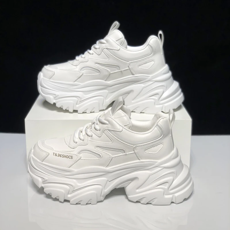 2025春季新款时尚增高老爹鞋女百搭真皮厚底白色休闲运动鞋轻便潮