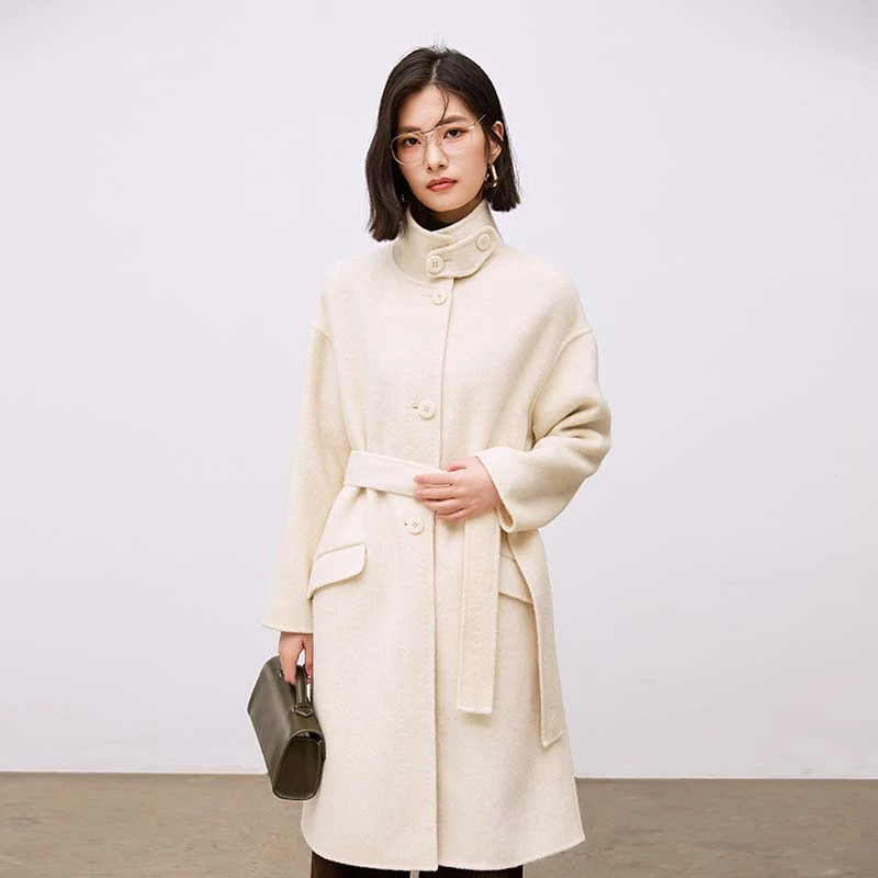 羊毛双面呢长款毛呢白色简约通勤大衣时尚气质宽松立领女士秋冬