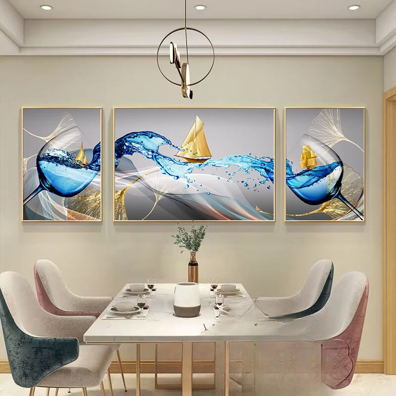 新中式客厅餐厅装饰画设计时尚晶瓷水果花卉酒杯防水三联艺术挂画