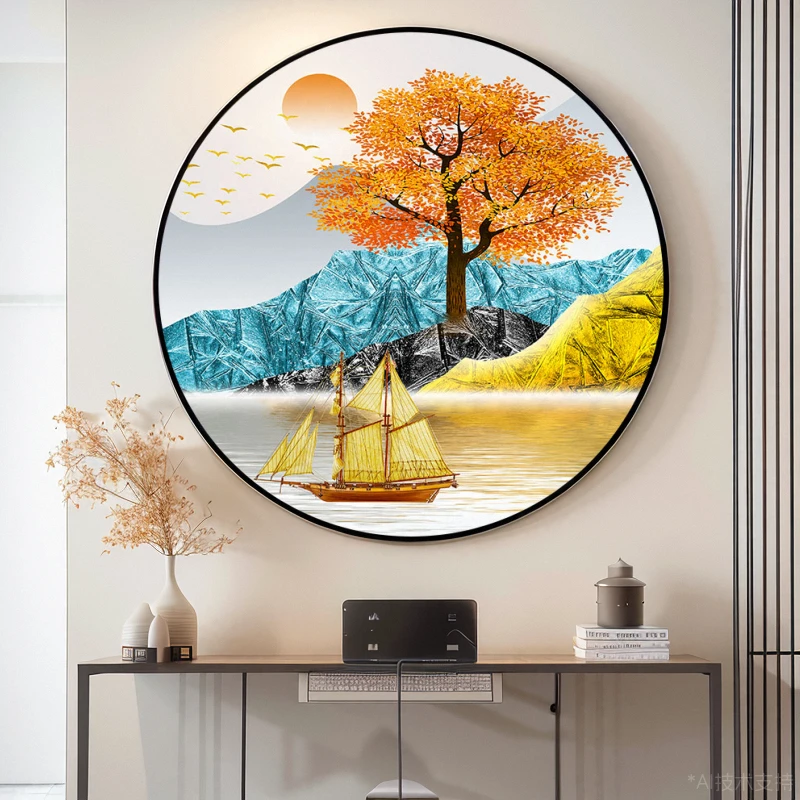 轻奢入户玄关装饰画进门客厅走廊过道挂画新款大气麋鹿圆形墙壁画