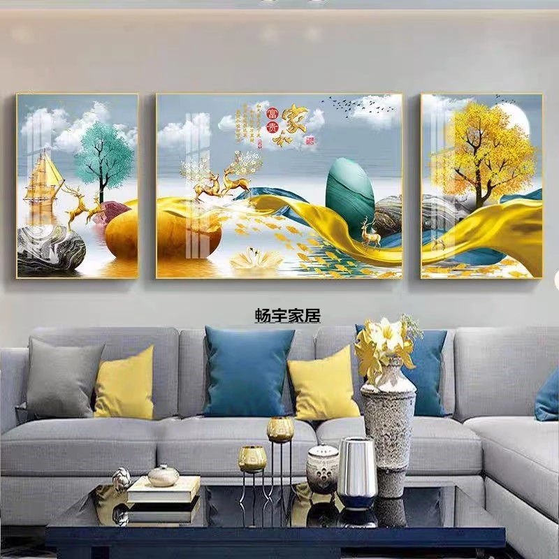 客厅装饰画新中式现代沙发背景墙晶瓷挂画简约三联山水有框画壁画