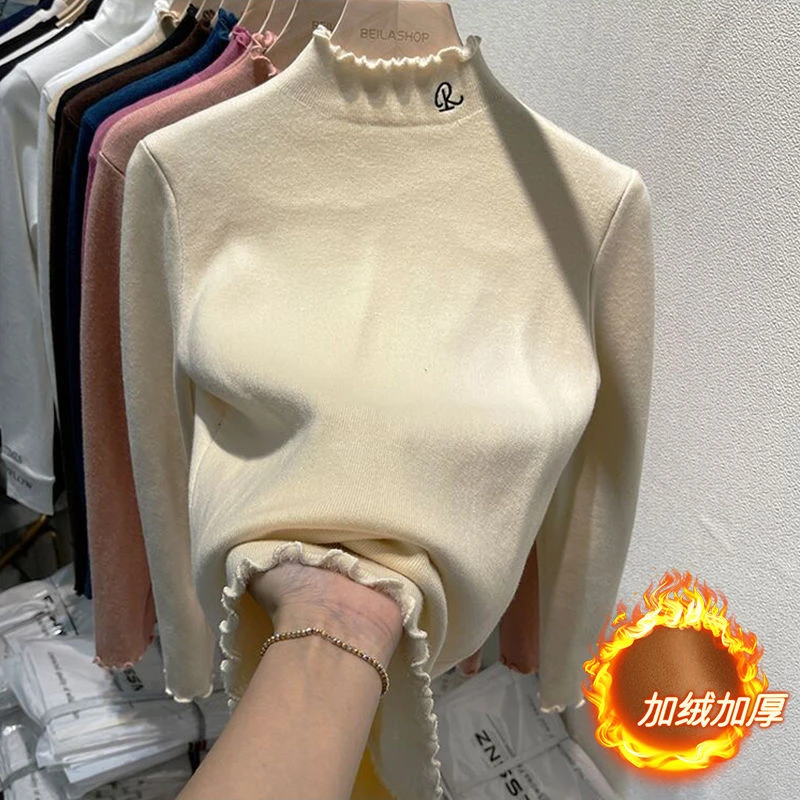 一体绒纯棉打底衫2023秋装秋冬新款女童中大童长袖半高领上衣洋气