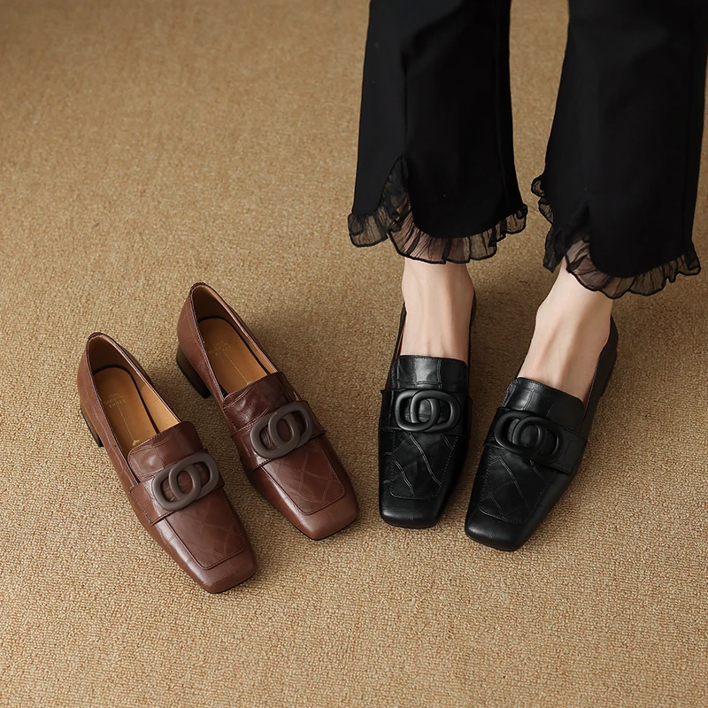 5586 跟高3cm 头层羊皮单鞋女百搭一脚蹬粗跟女鞋时尚方头鞋秋款