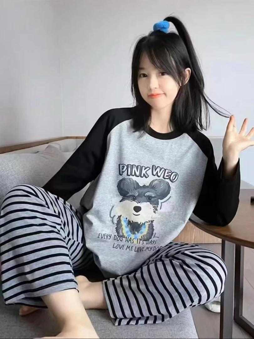 秋冬季新款透气时尚宽松简约睡衣长袖长裤家居服女士休闲套装