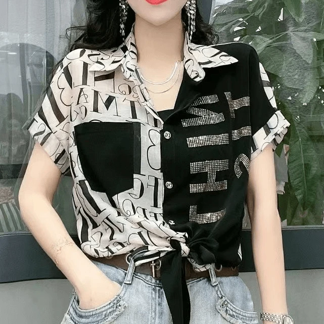 578夏季复古字母拼色短袖衬衫女小个子气质显瘦洋气百搭绑带大码