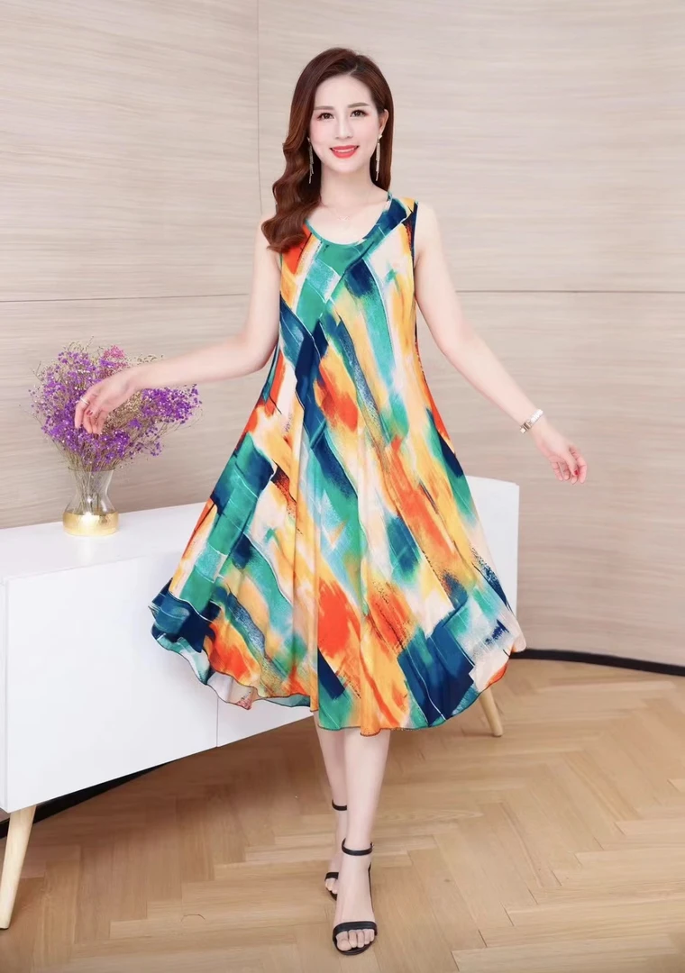 夏季女士绵绸无袖沙滩裙大摆裙宽松妈妈装