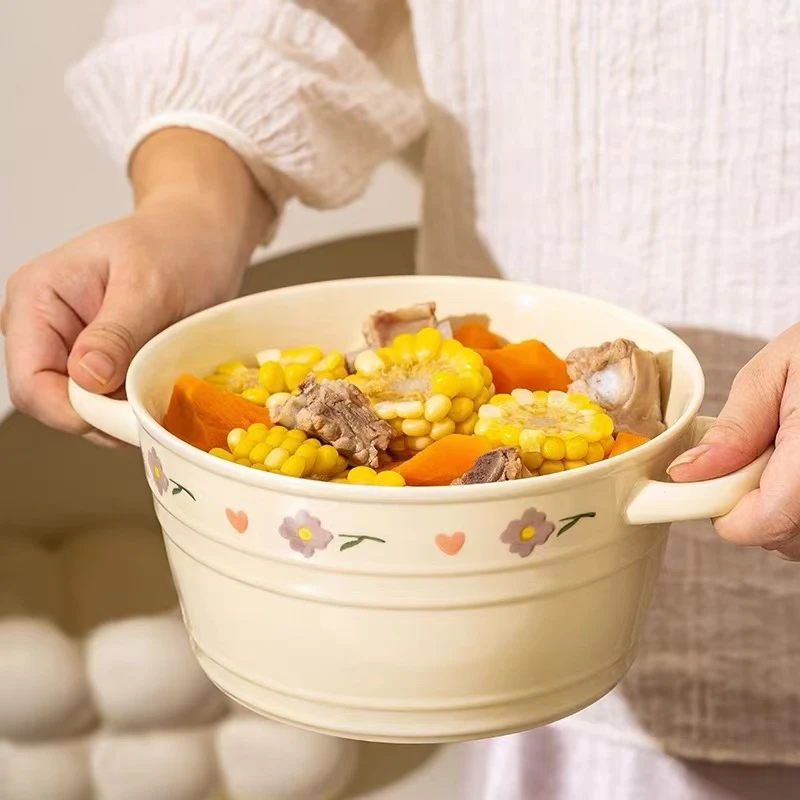 釉下彩奶油风双耳家用汤碗大容量酸菜碗大号汤碗