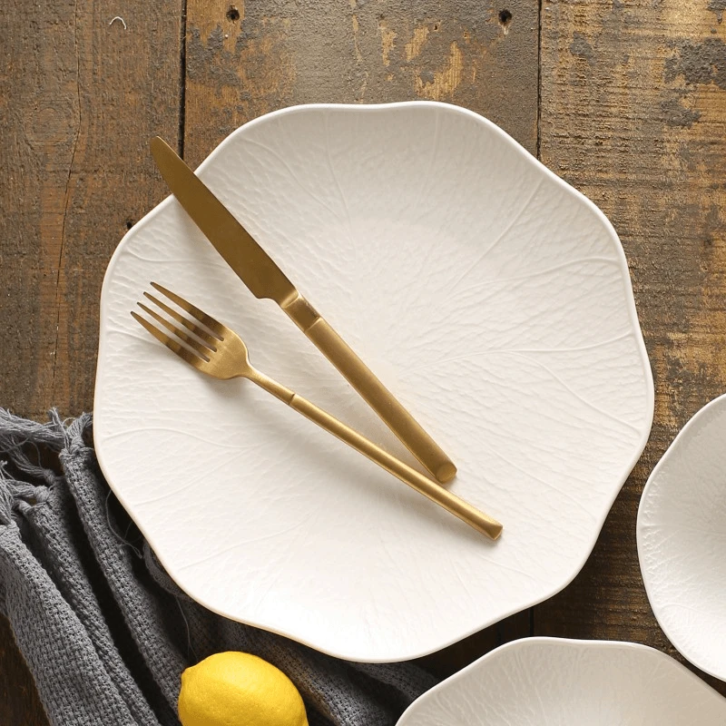 松发瓷器釉下彩7英寸平盘2个装荷纹设计款浮雕点心盘牛排盘陶瓷