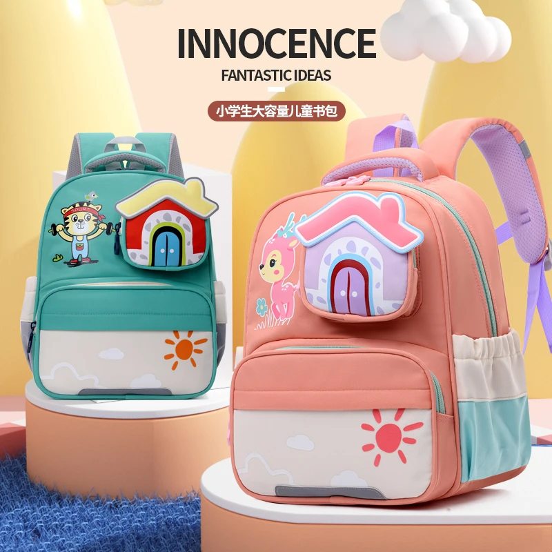 新款儿童书包女卡通撞色背包中大班学前男护脊大容量一年级双肩包