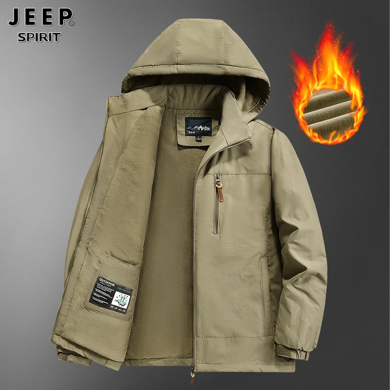 JEEP吉普冲锋衣外套男士秋冬季加绒加厚棉袄防风保暖工装夹克棉服