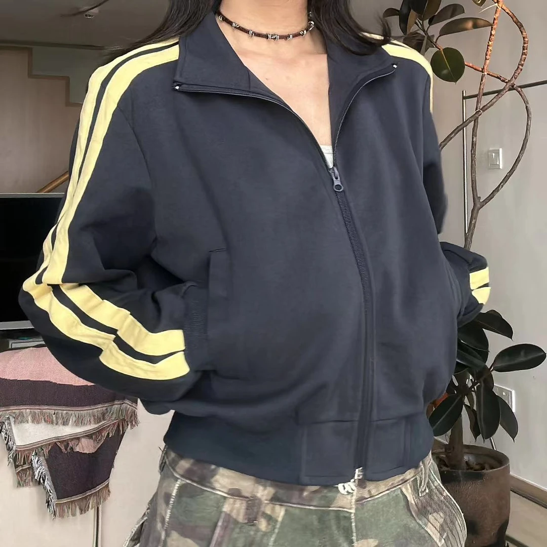 京元珍一一清清清！韩系宽松拉链条纹撞色运动外套休闲上衣