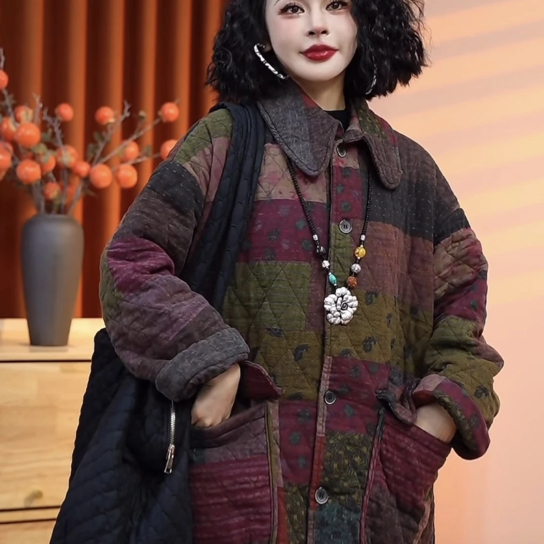 【乔一推荐】2024冬季保暖宽松减龄加厚长袖女款中长款棉服25788