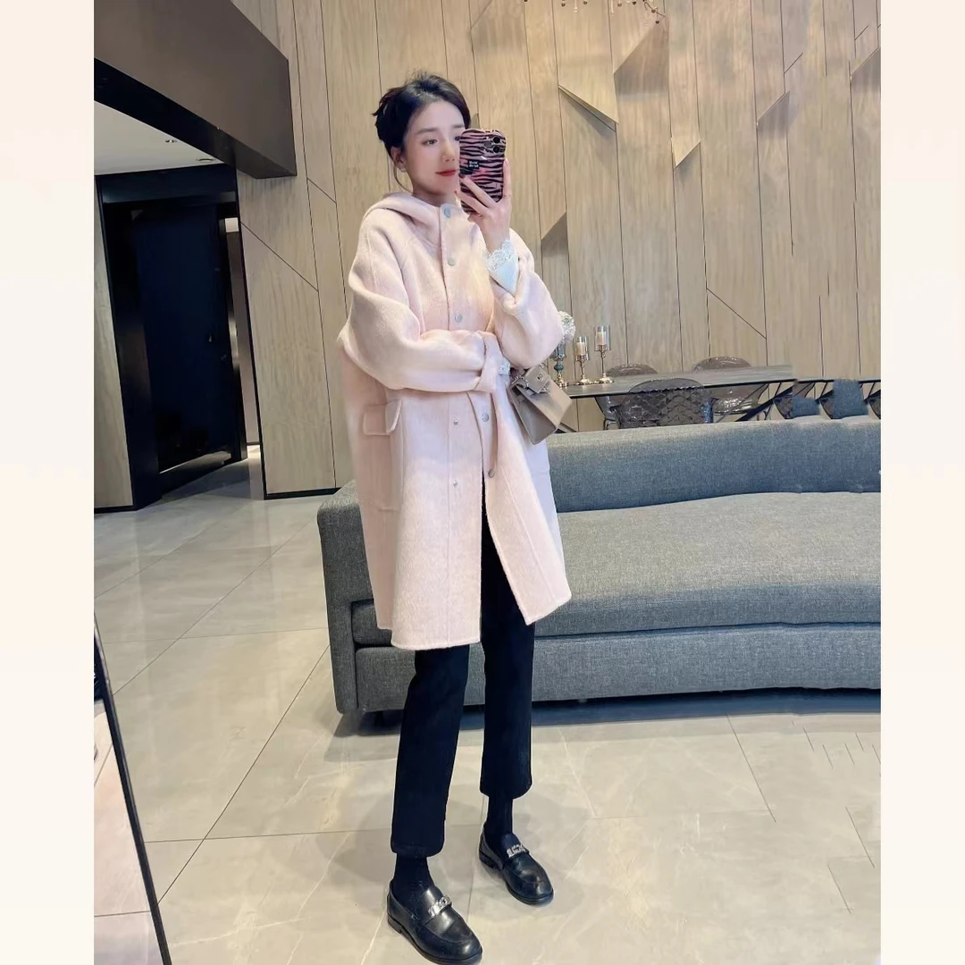 【大静静】韩系连帽双面驼绒蚕丝羊毛呢休闲外套