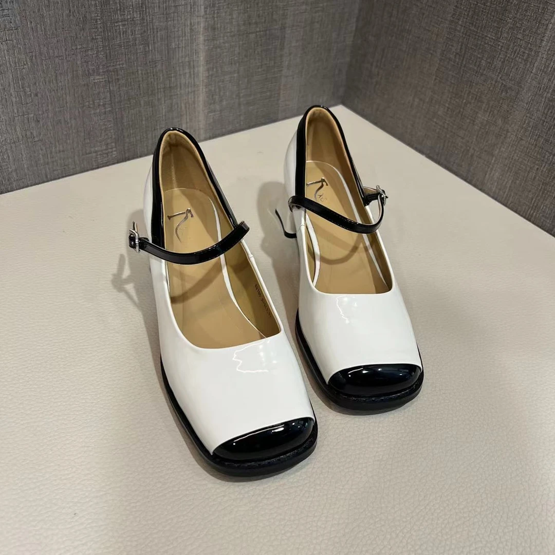 【大静静】法式名媛一字带方头粗跟小皮鞋1177