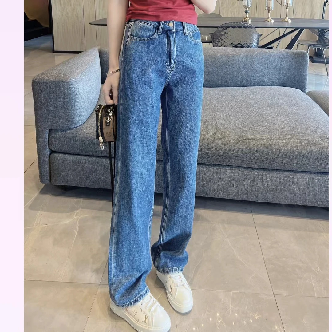 【大静静】复古高街深蓝色高腰窄版微阔腿显瘦牛仔裤DJJ1195