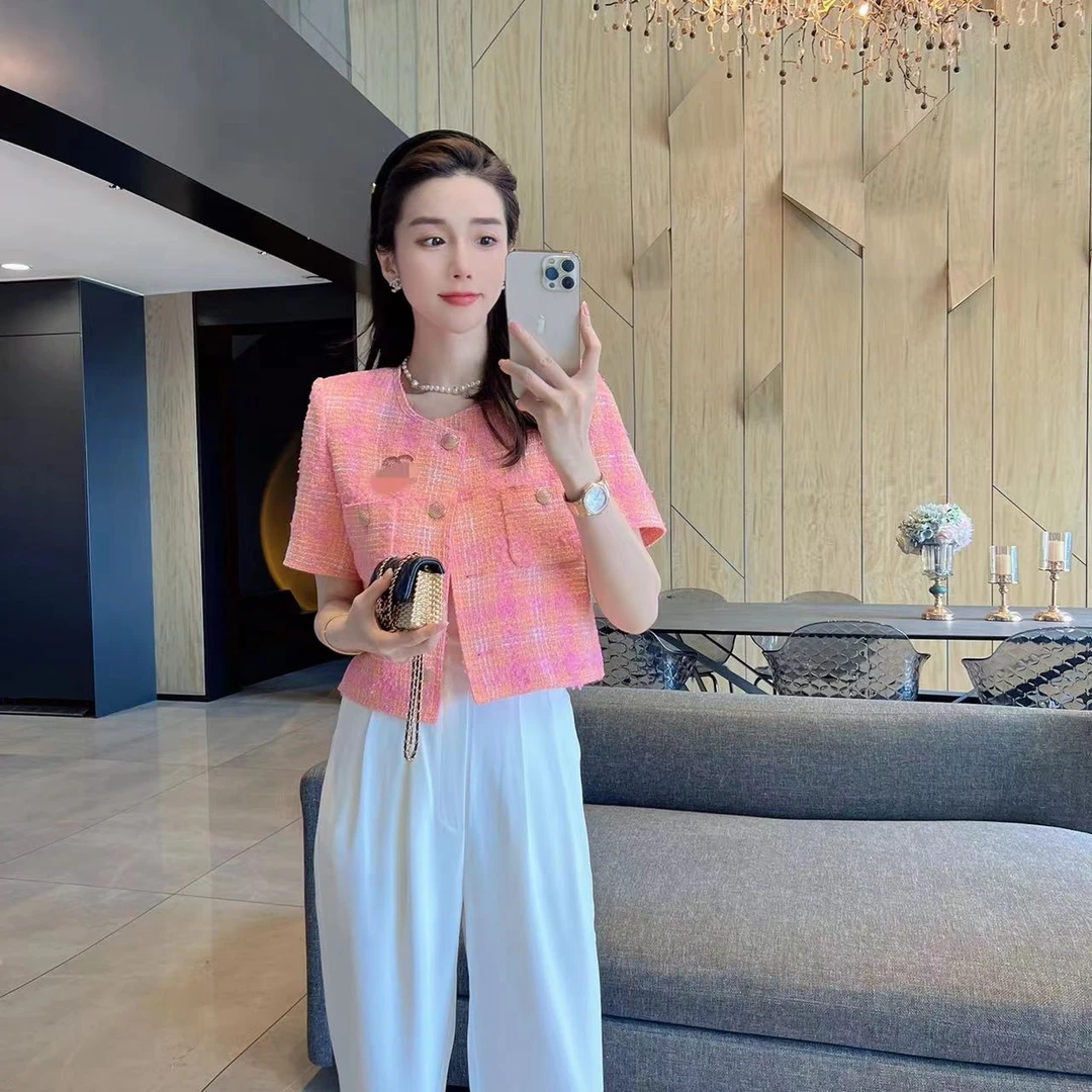 【大静静】小香风撞色彩格圆领短袖短款上衣DJJ1167