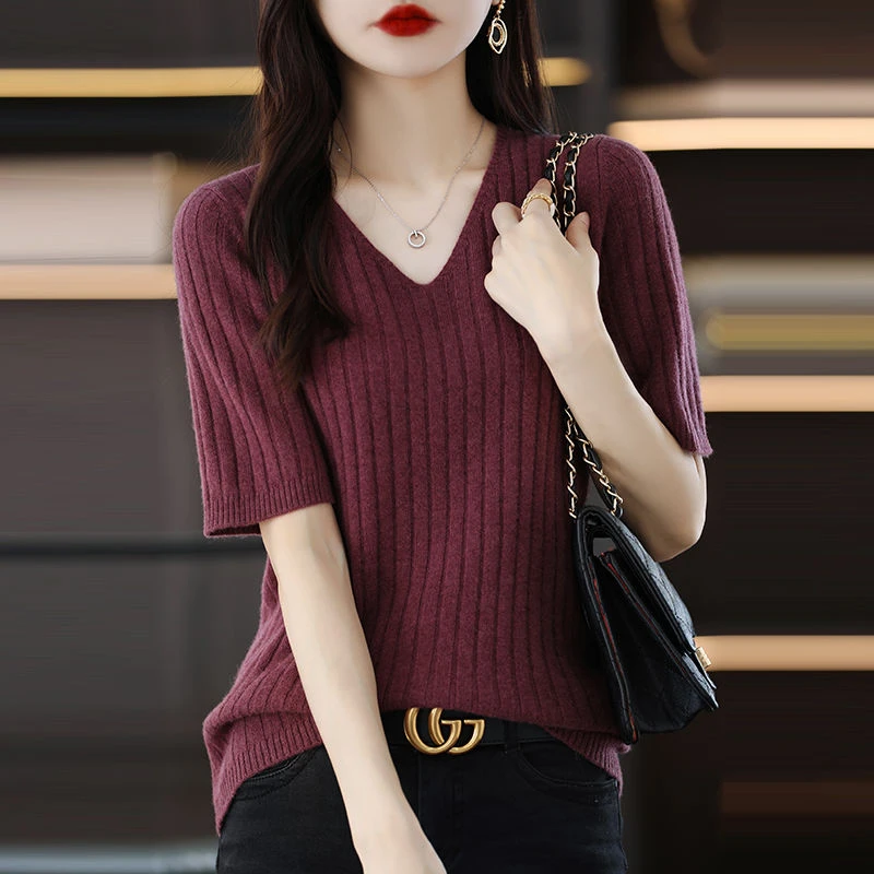 V领冰丝针织女大码女装上衣短袖2024夏季新款爆款休闲宽松显瘦T恤