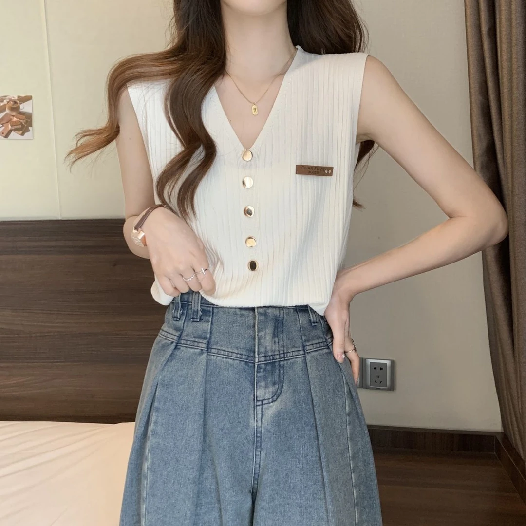 V领洋气背心女2024新款内搭无袖t恤白色夏季冰丝针织上衣薄款显瘦