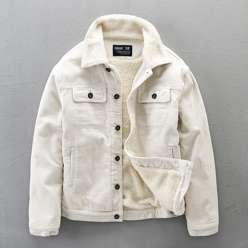 迪诺库克斯复古加绒加厚灯芯绒保暖外套男棉衣冬季修身棉服杏色