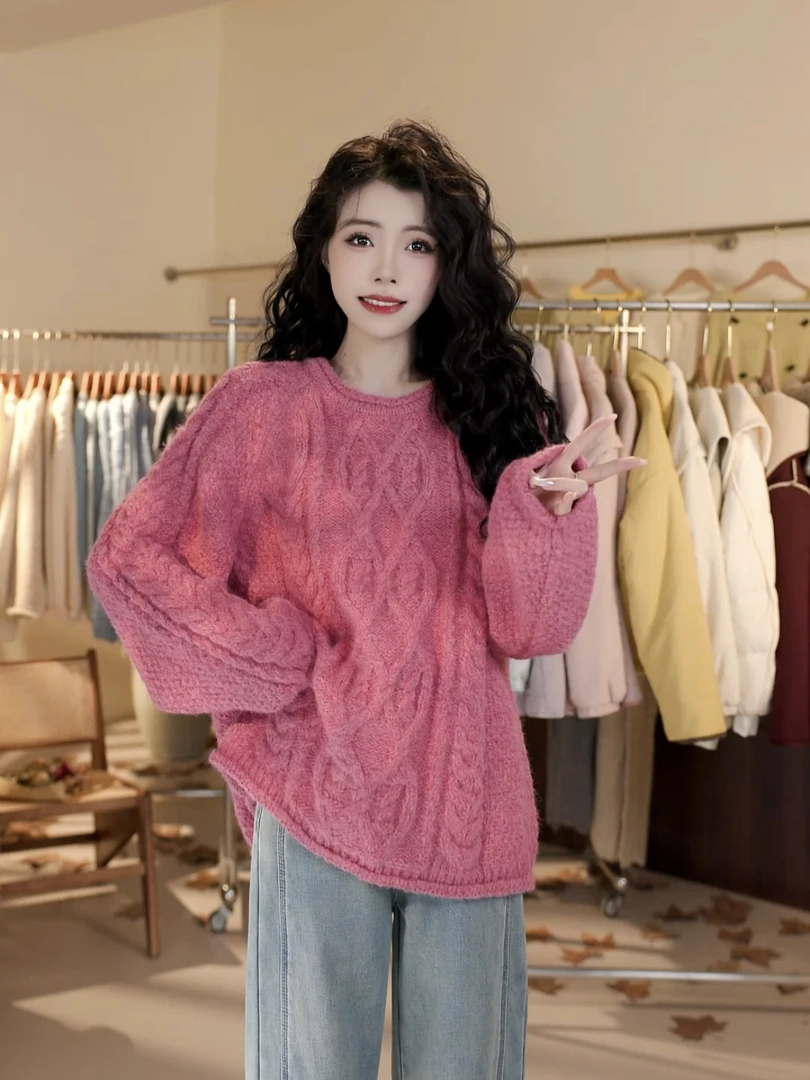 慵懒松弛感圆领立体阿兰花绞花织毛衣女秋冬卷边加厚针织上衣722