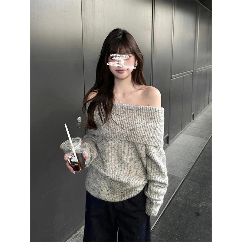 韩系气质灰色一字肩长袖毛衣女秋冬新款高级感温柔甜妹套头针织衫