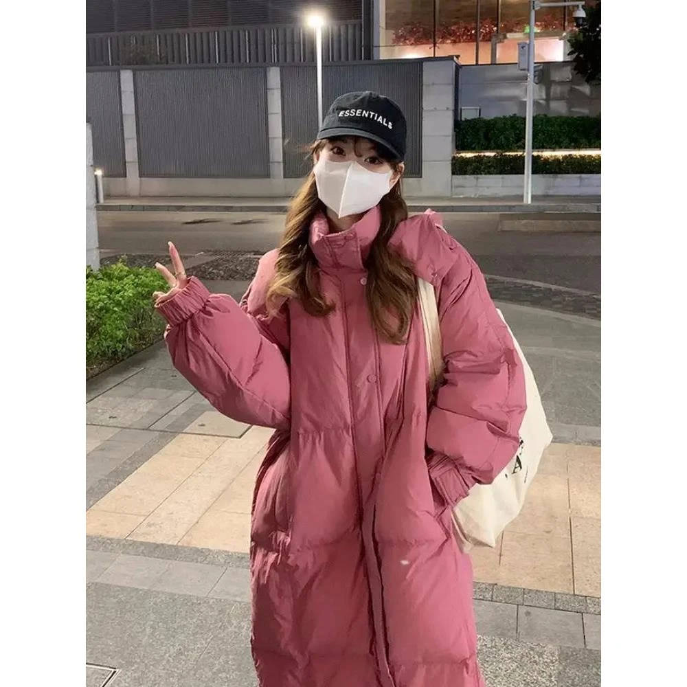 波司橙时尚树莓粉泡芙长款羽绒服女宽松显瘦过膝款面包服oversize