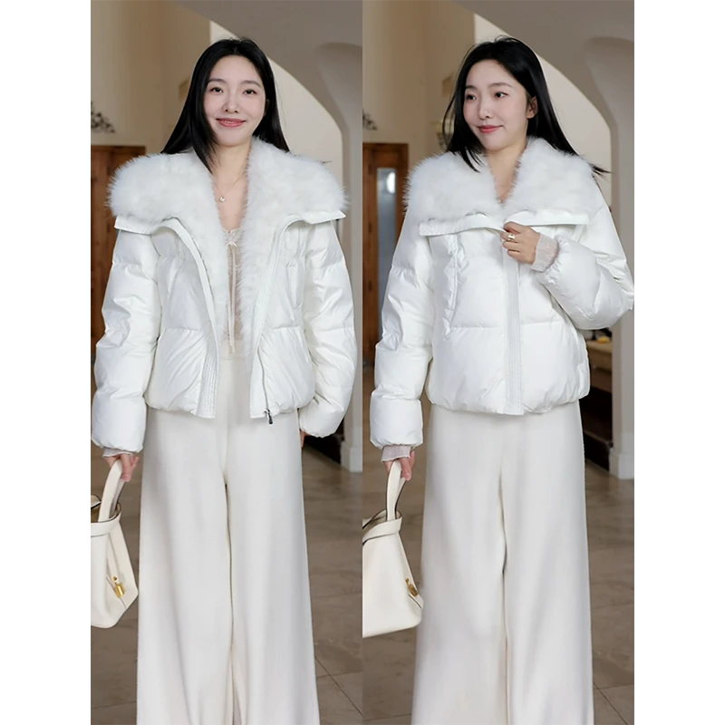 郭九九呢 千金风简约宽松大毛领毛毛羽绒服直筒阔腿裤 G924R18924