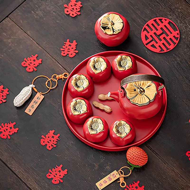 26*陪嫁圆喜茶具套装陶瓷红色结婚敬茶杯茶壶婚庆送礼盒装一壶6杯