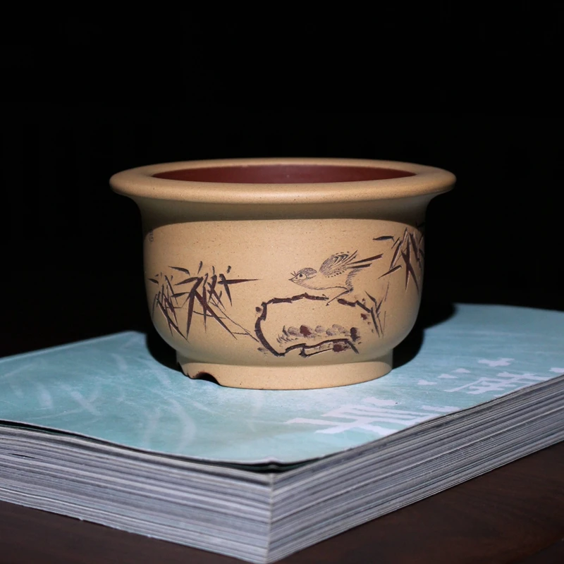 名家收藏精品紫砂花盆粉浆金钟张建刻绘小盆景盆栽多肉菖蒲山野草