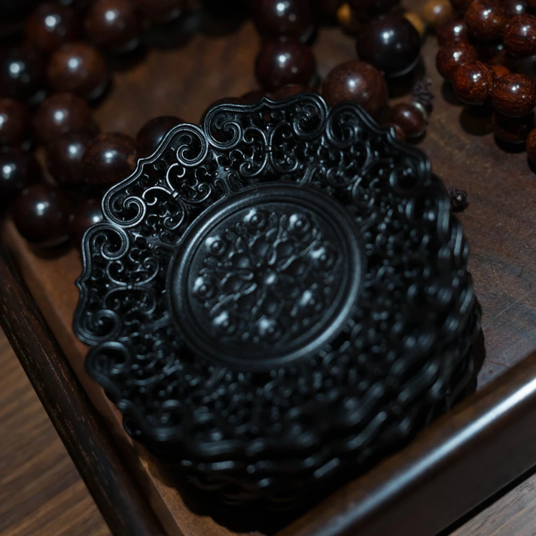 紫光檀杯垫6件套精工雕刻透雕8cm直接孔连红木