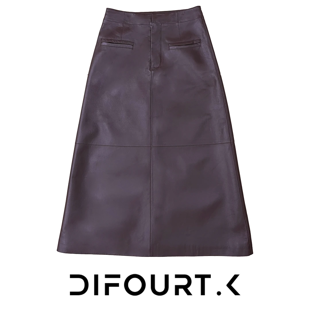 DIFOURT·K 深棕色通勤A型高腰真羊皮裙