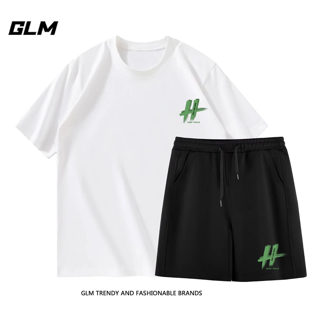 GLM百搭男士休闲运动套装潮牌短袖T恤松紧短裤两件套装情侣款-绿H