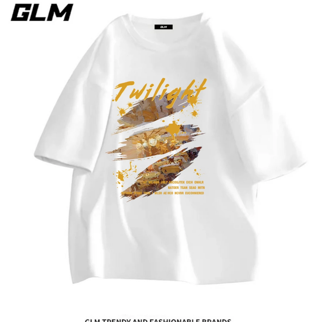 GLM纯棉短袖t恤男女-夏季休闲印花百搭时尚潮流圆领半袖—风景油画