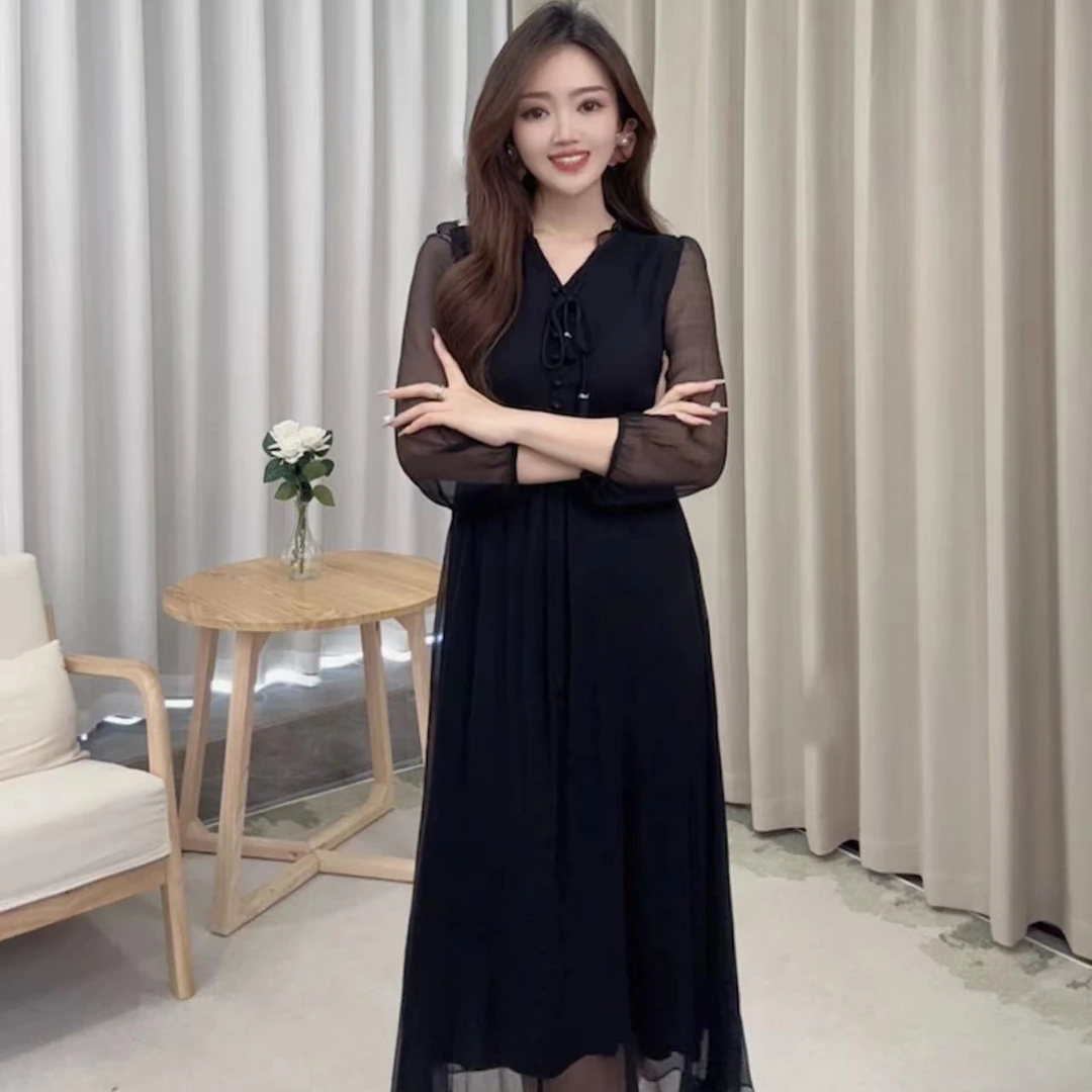 【产哥】桑蚕丝女装夏款收腰显瘦气质长袖夏季长款连衣裙1Q1009