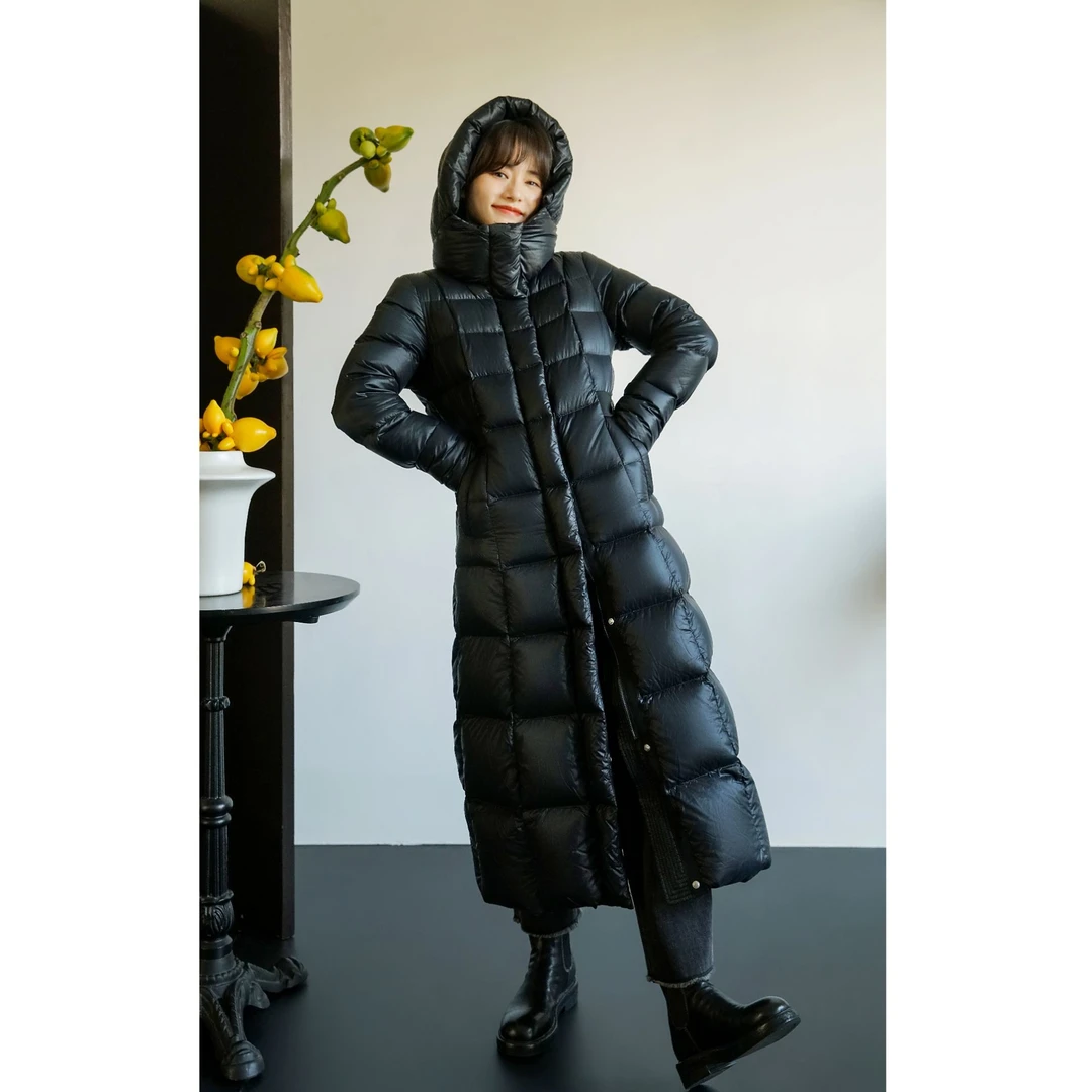 坦博尔好羽绒收腰长款鹅绒都市风格过膝羽绒服TD236890【C】