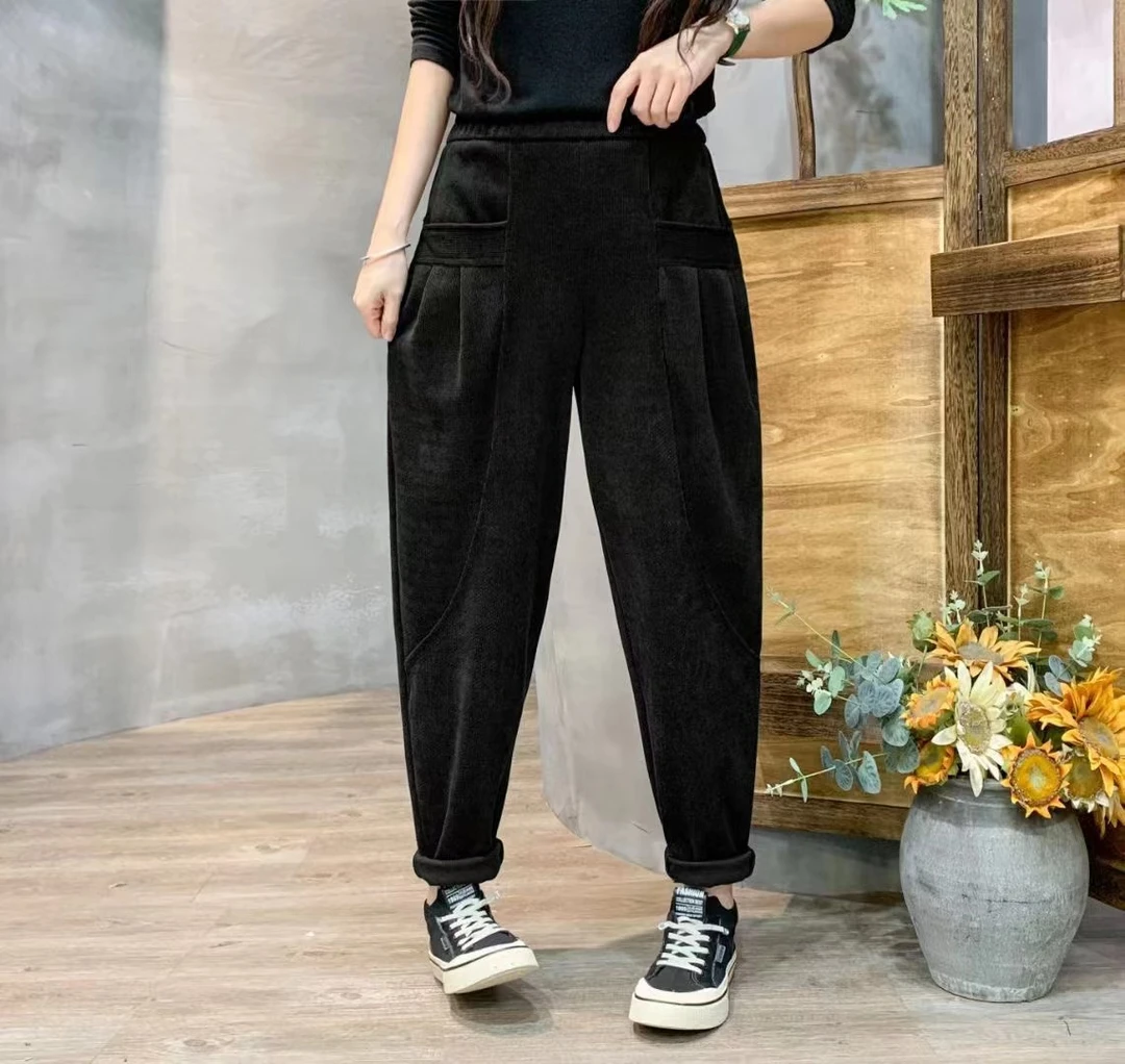 (榴榴女装工厂)秋冬显瘦百搭大口袋哈伦裤长裤