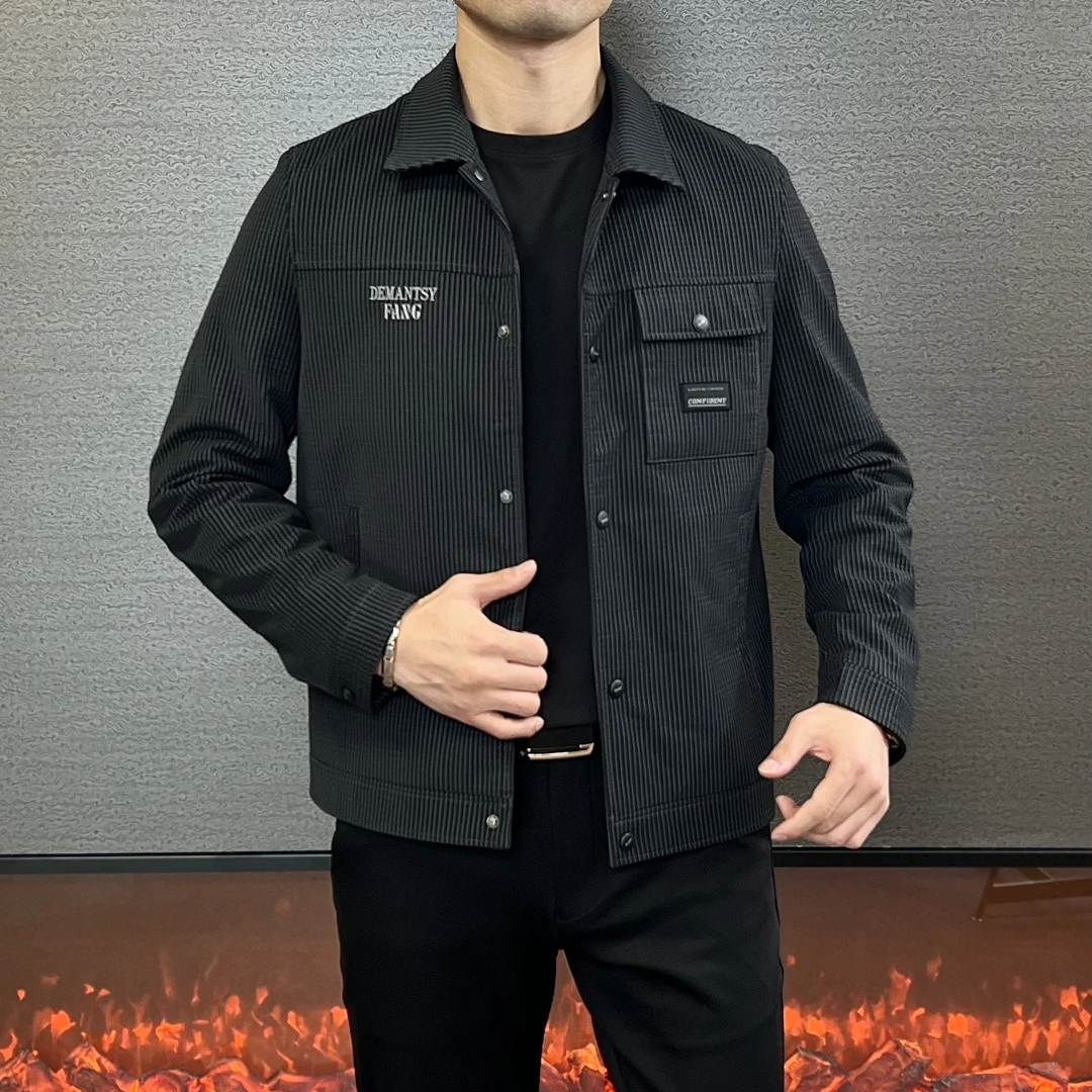 英皇烟斗/88359春秋冬男士商务休闲翻领条纹加绒保暖百搭夹克时尚