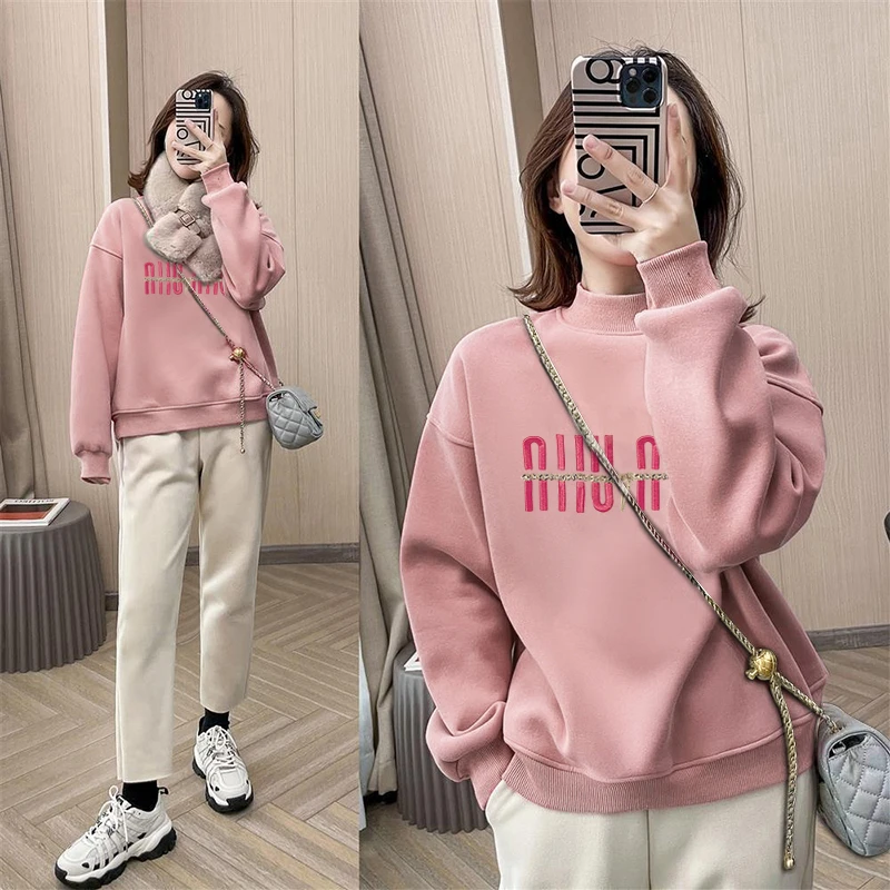 半高领套头印花打底衫加绒加厚卫衣女2025秋冬季新款宽松韩版外套