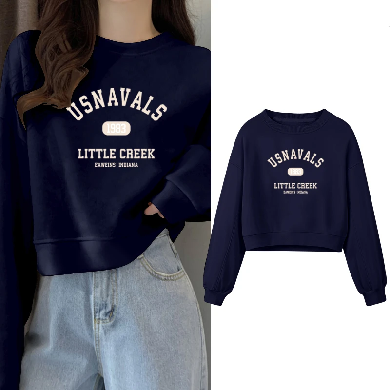 新款秋冬季圆领套头卫衣女设计感小众宽松韩版休闲短款上衣潮女款