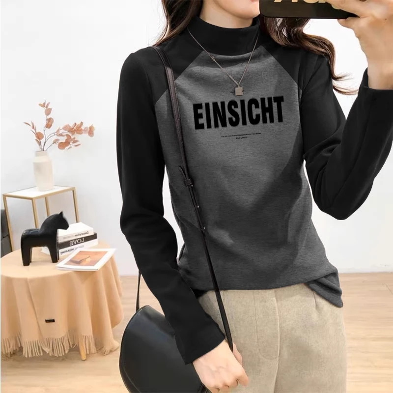 德绒加绒加厚保暖半高领长袖T恤女秋冬季磨毛内搭插肩上衣打底衫