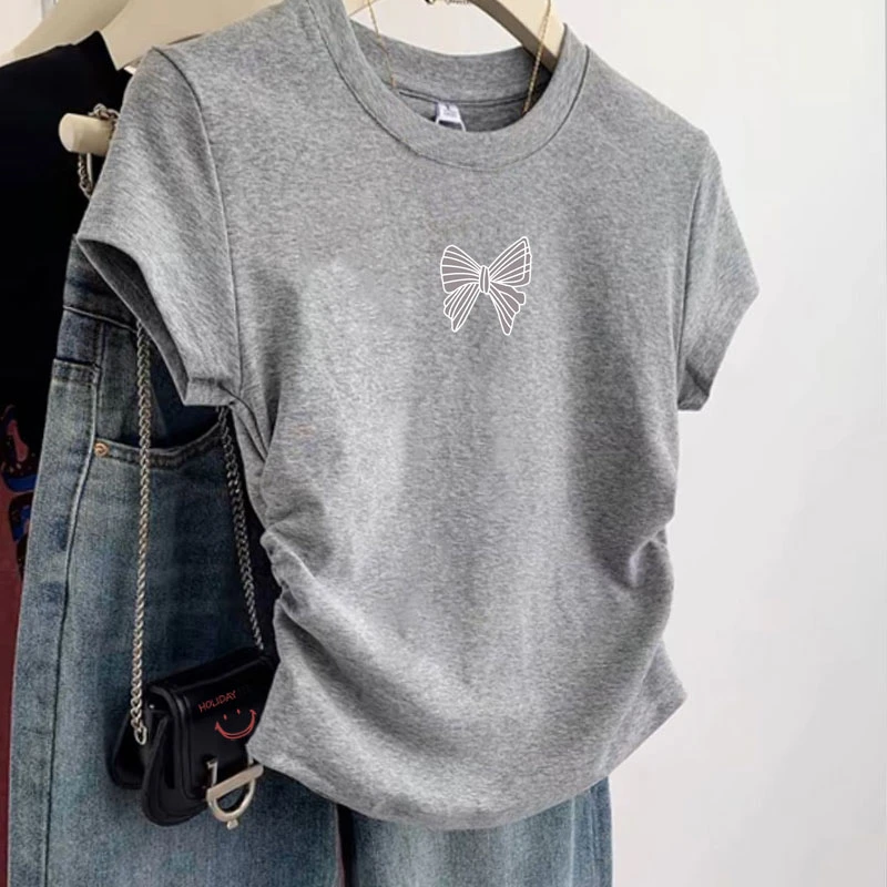 设计感小众正肩纯棉短袖t恤女2025新款侧边褶皱收腰灰色上衣夏季